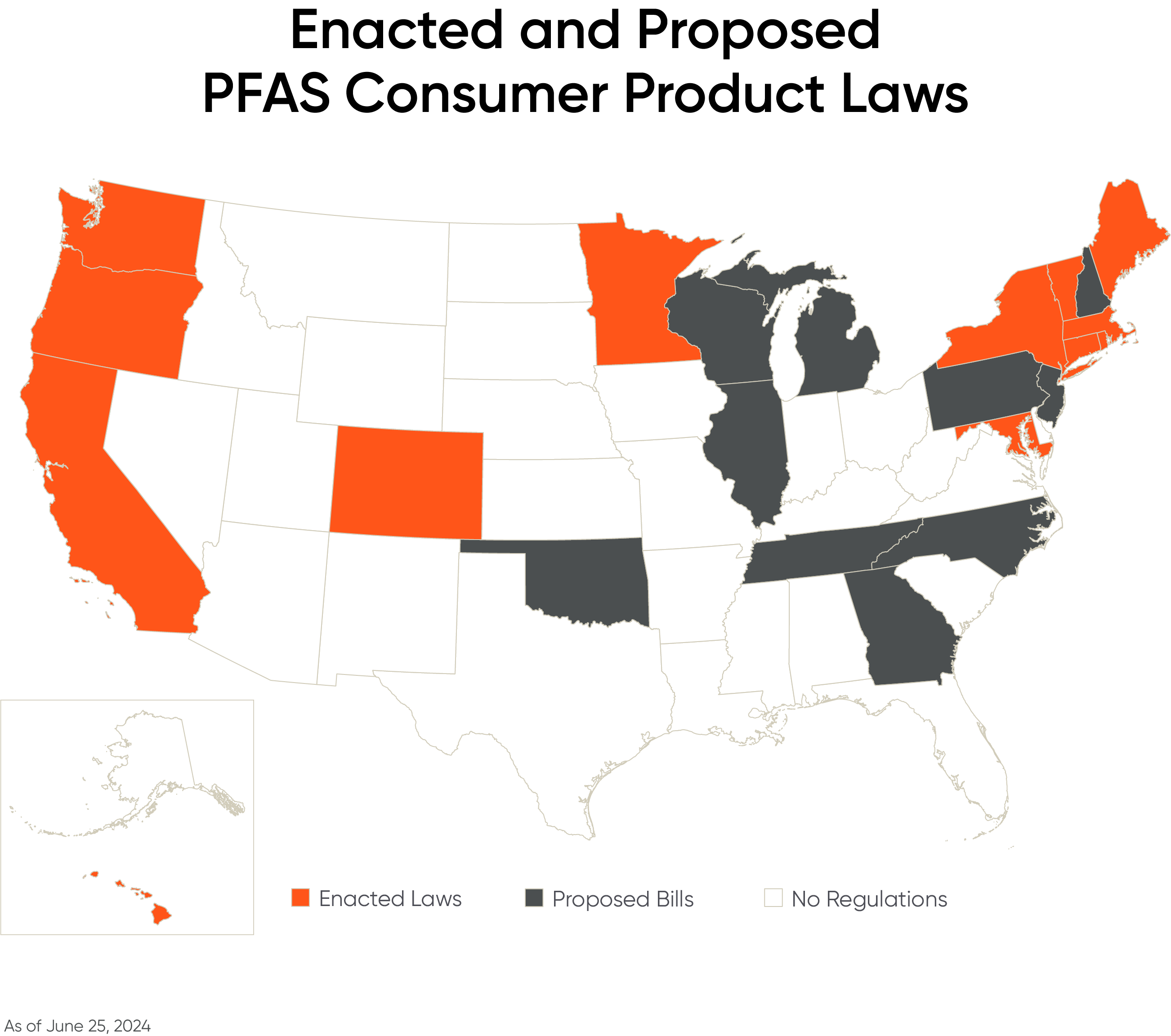 Map of USA highlighting PFAS in consumer products regulations