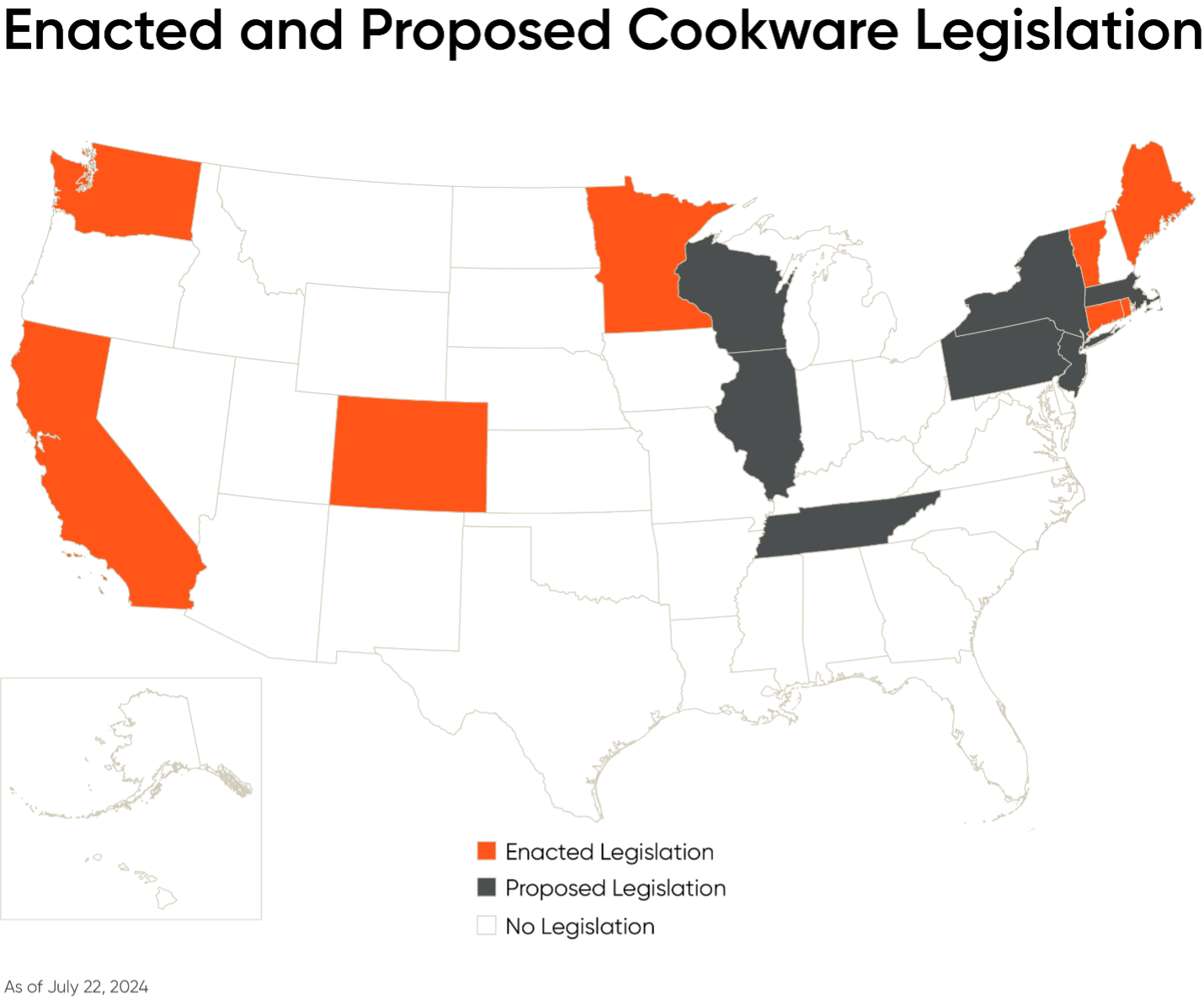 Map of USA highlighting enacted and proposed PFAS in cookware legislation. Details in accordions below.